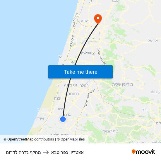 מחלף גדרה לדרום to אצטדיון כפר סבא map