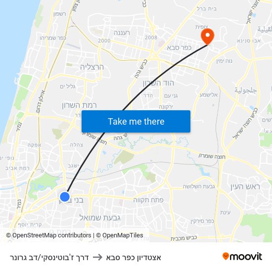 דרך ז'בוטינסקי/דב גרונר to אצטדיון כפר סבא map