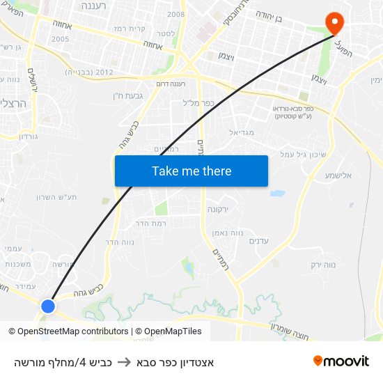 כביש 4/מחלף מורשה to אצטדיון כפר סבא map