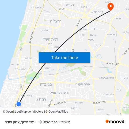 יגאל אלון/יצחק שדה to אצטדיון כפר סבא map