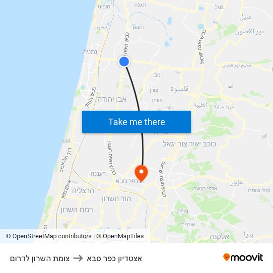 צומת השרון לדרום to אצטדיון כפר סבא map