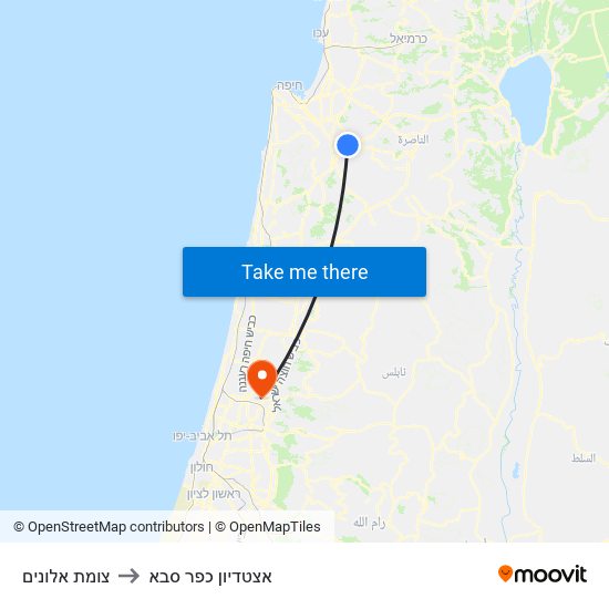 צומת אלונים to אצטדיון כפר סבא map