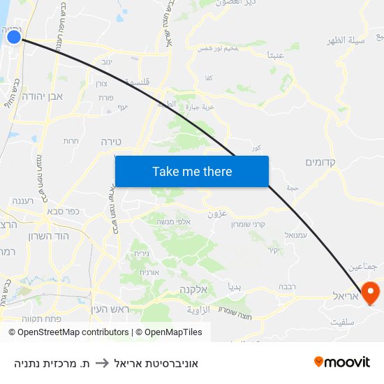 ת. מרכזית נתניה to אוניברסיטת אריאל map