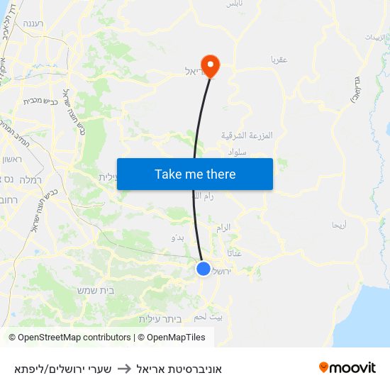 שערי ירושלים/ליפתא to אוניברסיטת אריאל map