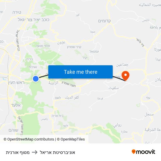 מסוף אורנית to אוניברסיטת אריאל map