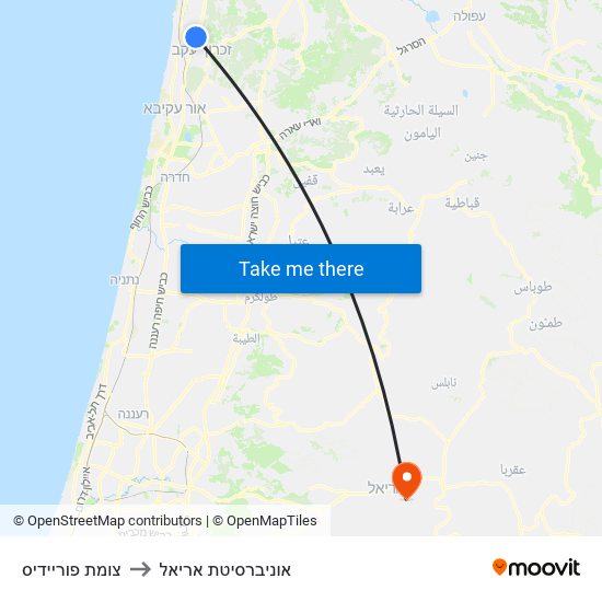 צומת פוריידיס to אוניברסיטת אריאל map