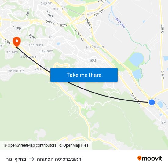 מחלף יגור to האוניברסיטה הפתוחה map