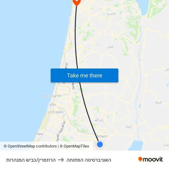 הרוזמרין/כביש המנהרות to האוניברסיטה הפתוחה map