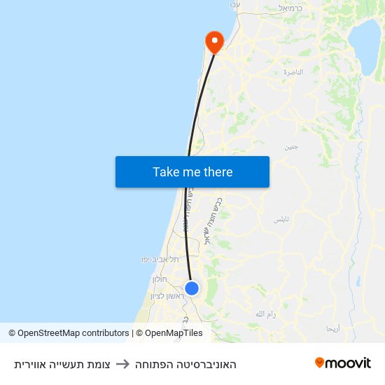 צומת תעשייה אווירית to האוניברסיטה הפתוחה map