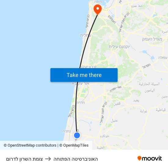 צומת השרון לדרום to האוניברסיטה הפתוחה map