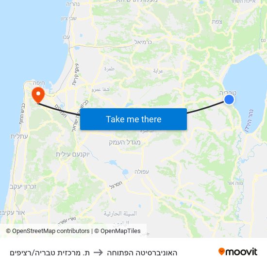 ת. מרכזית טבריה/רציפים to האוניברסיטה הפתוחה map