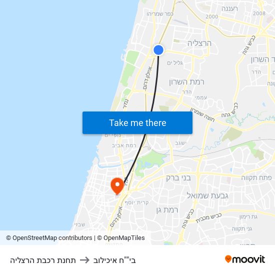 תחנת רכבת הרצליה to בי""ח איכילוב map