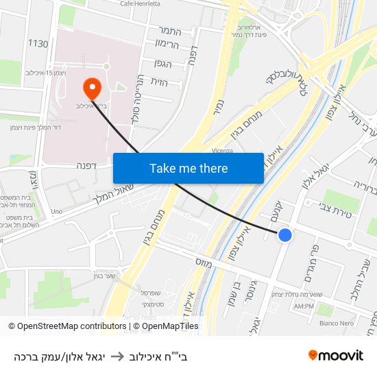 יגאל אלון/עמק ברכה to בי""ח איכילוב map