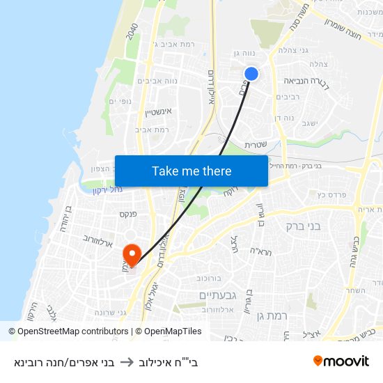 בני אפרים/חנה רובינא to בי""ח איכילוב map