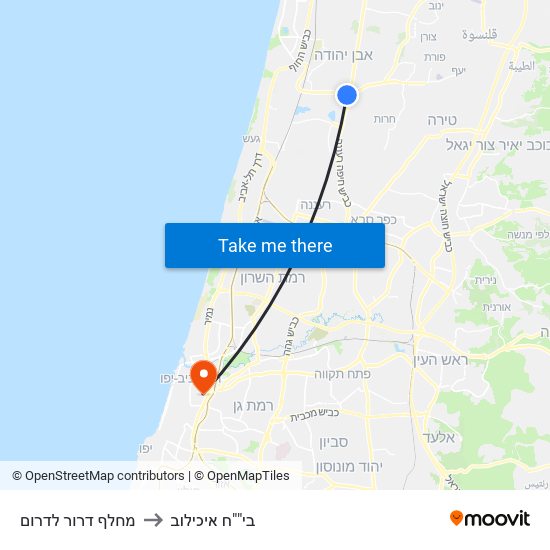 מחלף דרור לדרום to בי""ח איכילוב map