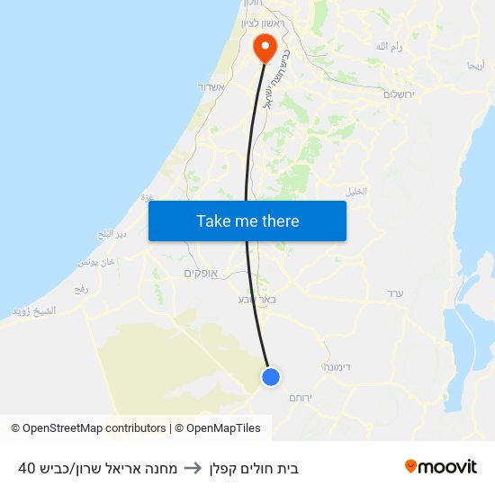 מחנה אריאל שרון/כביש 40 to בית חולים קפלן map