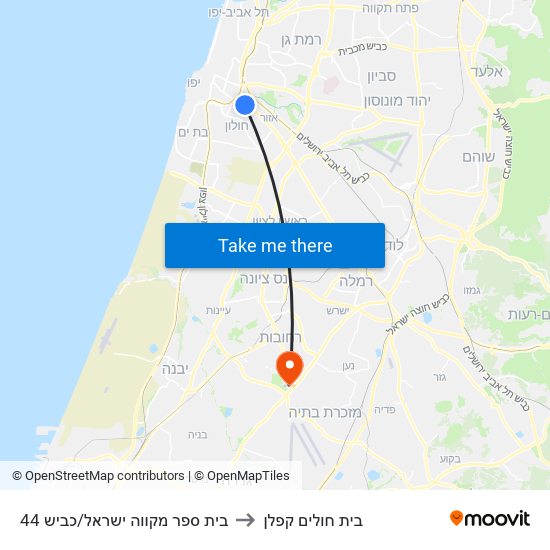 בית ספר מקווה ישראל/כביש 44 to בית חולים קפלן map