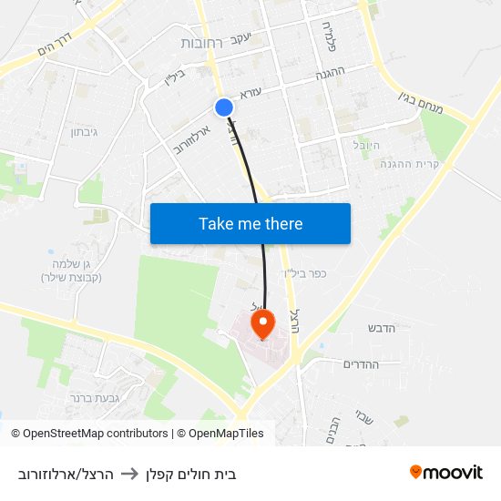הרצל/ארלוזורוב to בית חולים קפלן map