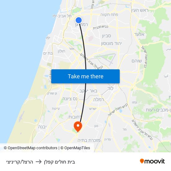 הרצל/קריניצי to בית חולים קפלן map