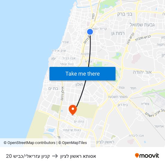 קניון עזריאלי/כביש 20 to אסותא ראשון לציון map