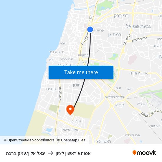 יגאל אלון/עמק ברכה to אסותא ראשון לציון map