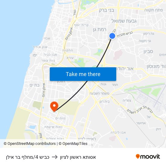 כביש 4/מחלף בר אילן to אסותא ראשון לציון map