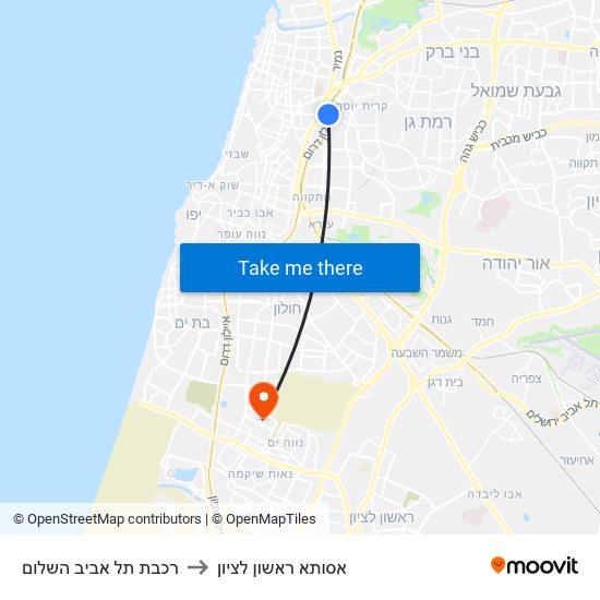 רכבת תל אביב השלום to אסותא ראשון לציון map