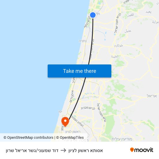 דוד שמעוני/גשר אריאל שרון to אסותא ראשון לציון map