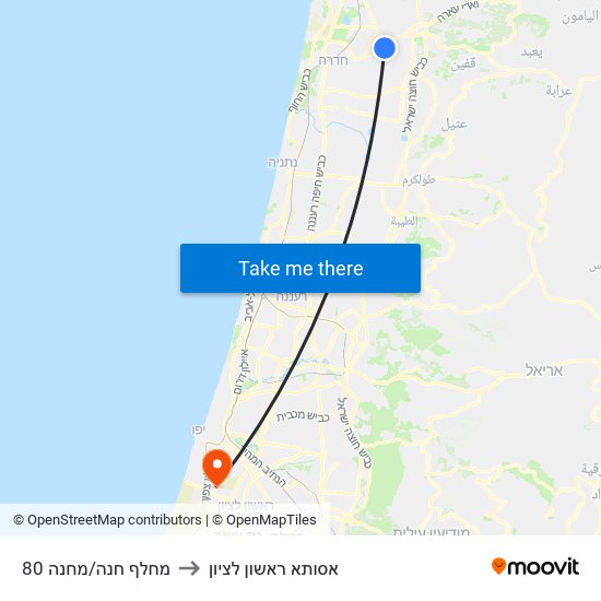 מחלף חנה/מחנה 80 to אסותא ראשון לציון map