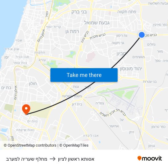 מחלף שעריה למערב to אסותא ראשון לציון map