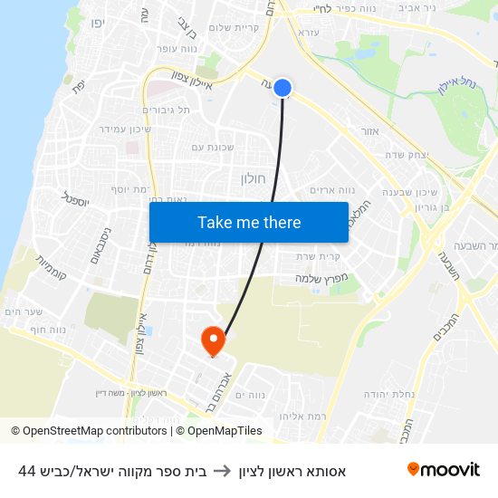 בית ספר מקווה ישראל/כביש 44 to אסותא ראשון לציון map