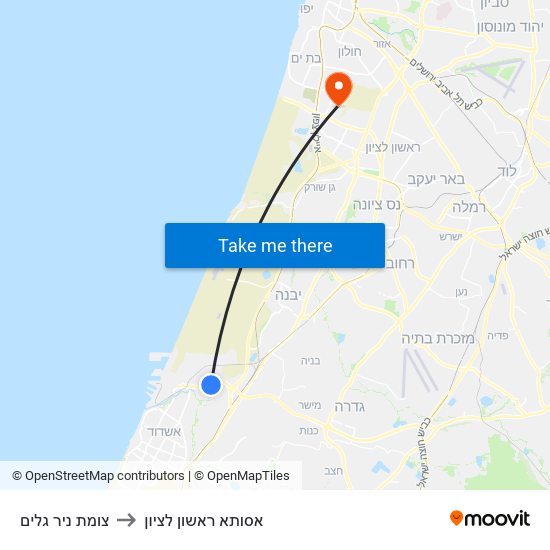 צומת ניר גלים to אסותא ראשון לציון map