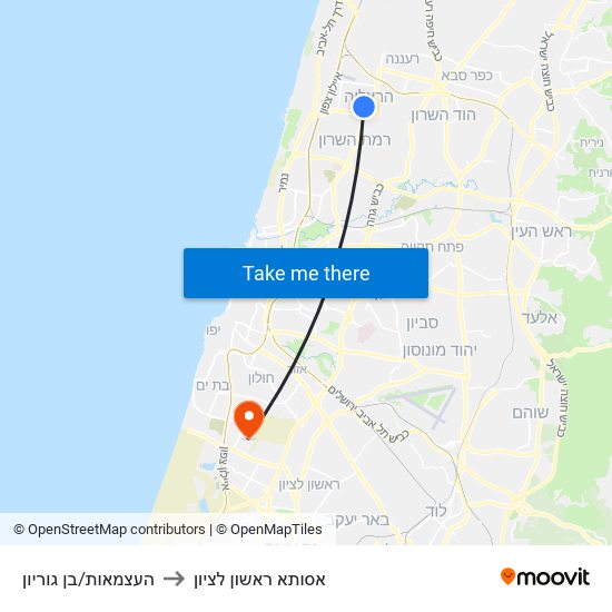 העצמאות/בן גוריון to אסותא ראשון לציון map