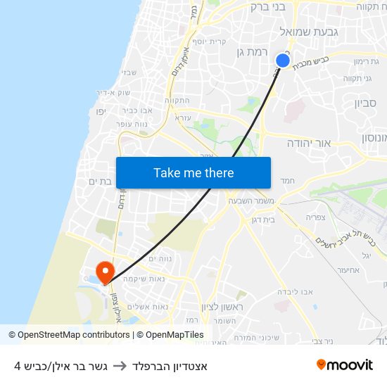 גשר בר אילן/כביש 4 to אצטדיון הברפלד map