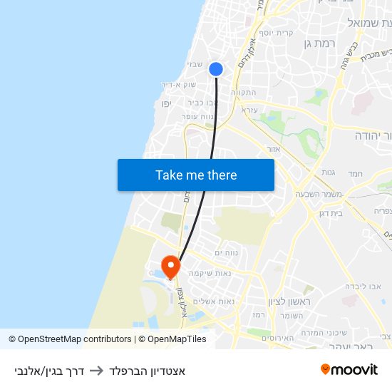 דרך בגין/אלנבי to אצטדיון הברפלד map