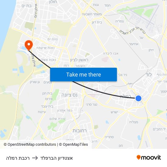 רכבת רמלה to אצטדיון הברפלד map