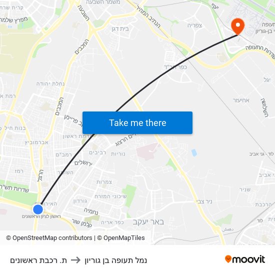 ת. רכבת ראשונים to נמל תעופה בן גוריון map