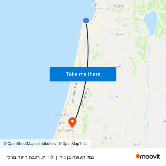 ת. רכבת חיפה מרכז to נמל תעופה בן גוריון map