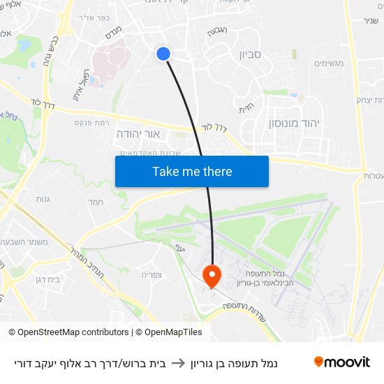 בית ברוש/דרך רב אלוף יעקב דורי to נמל תעופה בן גוריון map