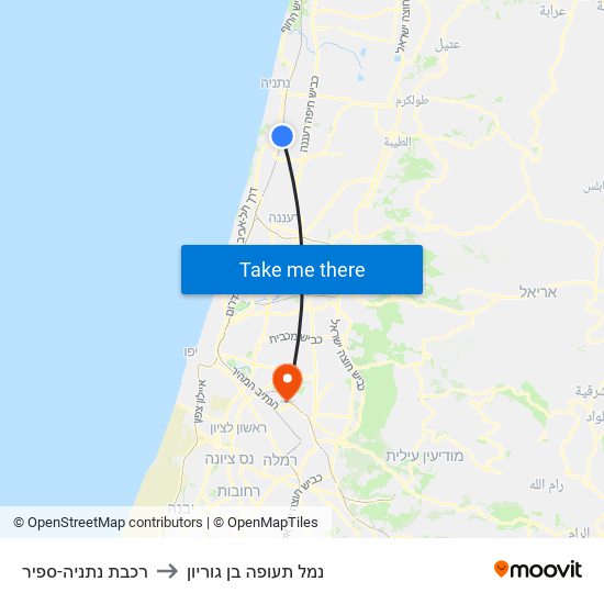 רכבת נתניה-ספיר to נמל תעופה בן גוריון map