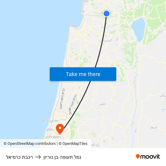 רכבת כרמיאל to נמל תעופה בן גוריון map