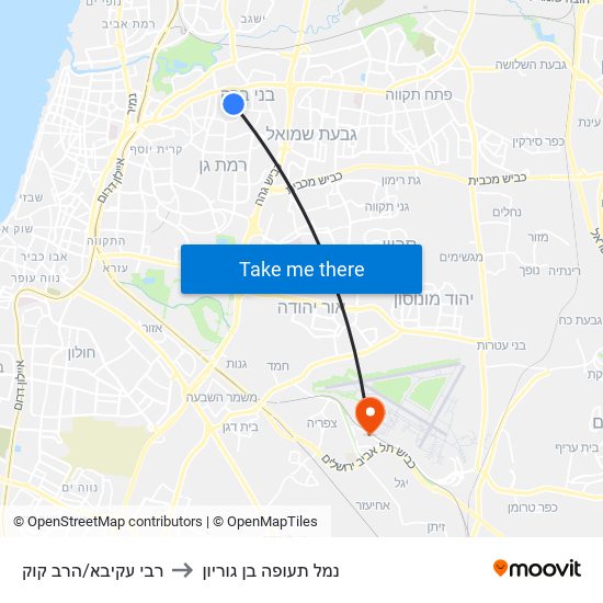 רבי עקיבא/הרב קוק to נמל תעופה בן גוריון map