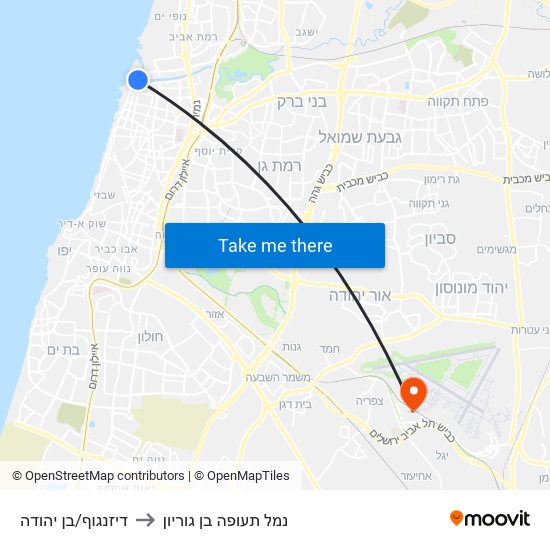 דיזנגוף/בן יהודה to נמל תעופה בן גוריון map