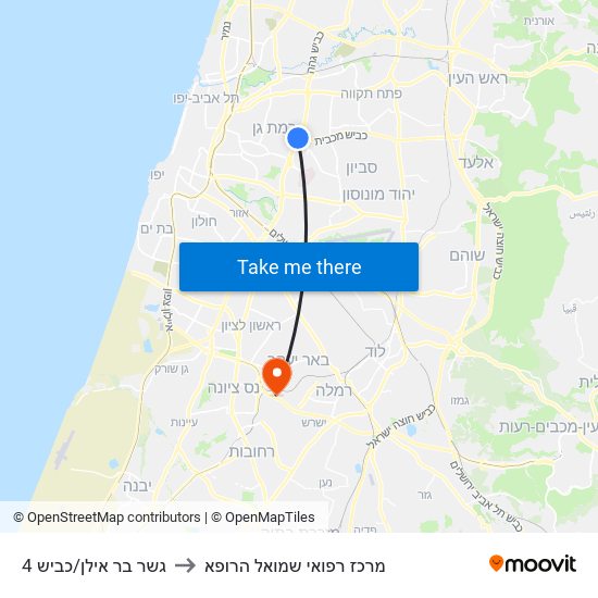 גשר בר אילן/כביש 4 to מרכז רפואי שמואל הרופא map