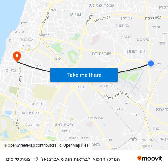 צומת טייסים to המרכז הרפואי לבריאות הנפש אברבנאל map