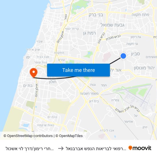 מרכז מסחרי רימון/דרך לוי אשכול to המרכז הרפואי לבריאות הנפש אברבנאל map