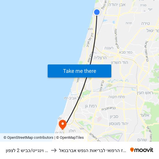 מכון וינגייט/כביש 2 לצפון to המרכז הרפואי לבריאות הנפש אברבנאל map