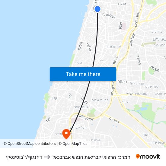 דיזנגוף/ז'בוטינסקי to המרכז הרפואי לבריאות הנפש אברבנאל map