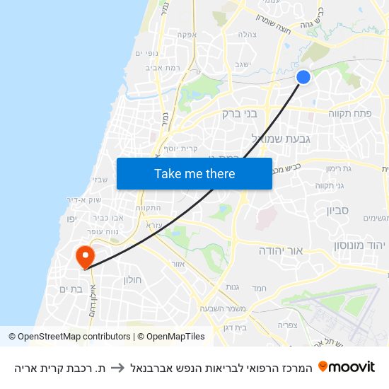 ת. רכבת קרית אריה to המרכז הרפואי לבריאות הנפש אברבנאל map