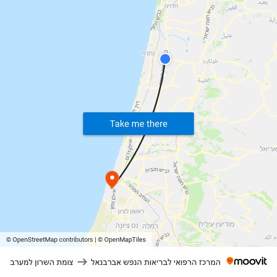 צומת השרון למערב to המרכז הרפואי לבריאות הנפש אברבנאל map